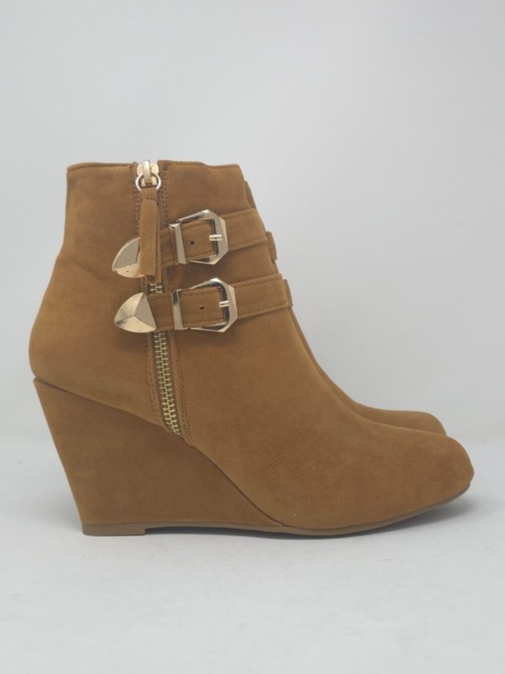Tan Faux Suede Wedge Ankle Boots Buckle Strap Side Zip Casual Trendy - Picture 3 of 12